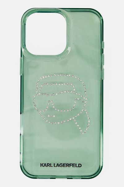 Karl Lagerfeld غلاف هاتف صلب بشعار حجر الراين لهاتف iPhone 16 Pro Max، أخضر
