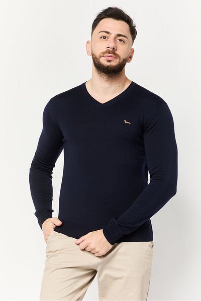Harmont & Blaine Men V Neck Embroidered Logo Sweater, Navy