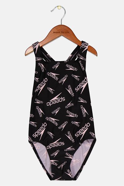 SPEEDO Kids Girl One Piece Brand Logo Swimwear, Pink/Black