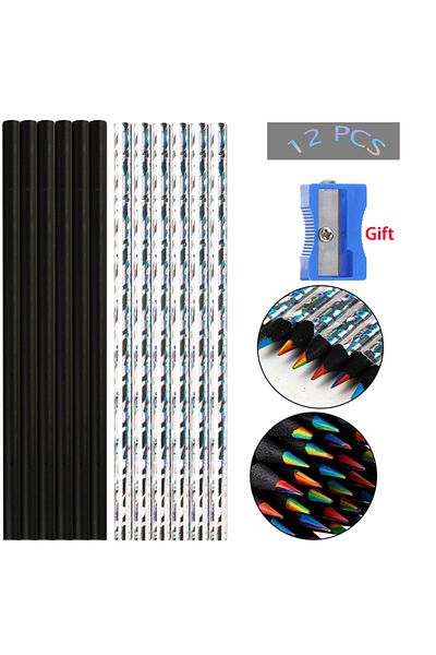 Choice 6black 6laser silver 12pcs/Set Kawaii Rainbow Pencil 7 Colors Concentric Gradient Crayons Kids Gift