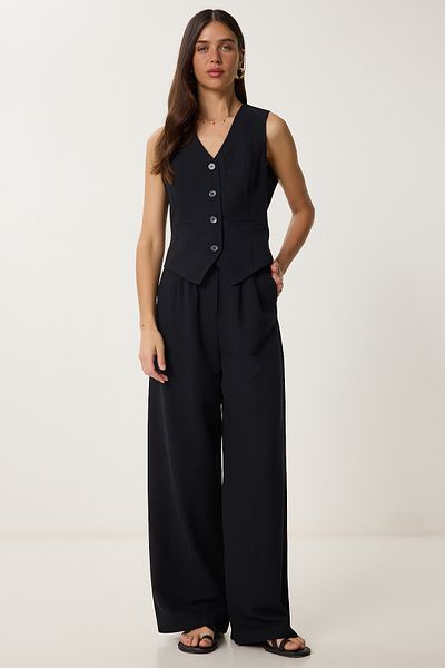 Lovelyİstanbul Linen Vest Pants Suit Black Lrv0106