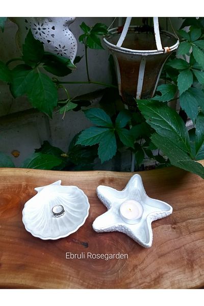 Ebruli Rosegarden Set of 2 Pearl Series Seashell and Starfish Oyster Decorative Concrete Jewelry Plate and Candle