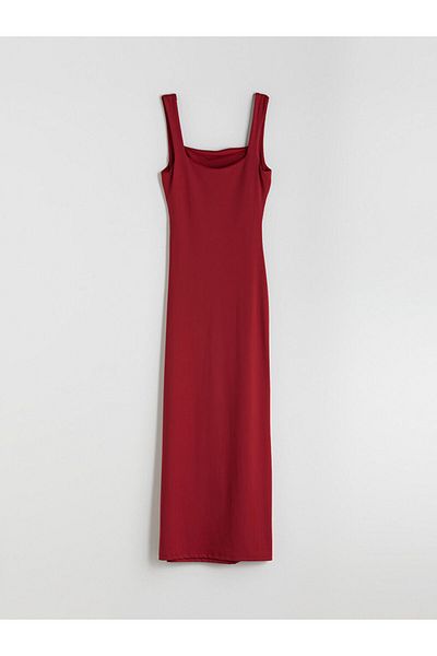 LC Waikiki Burgundy Square Neck Gathered Bodycon Dress