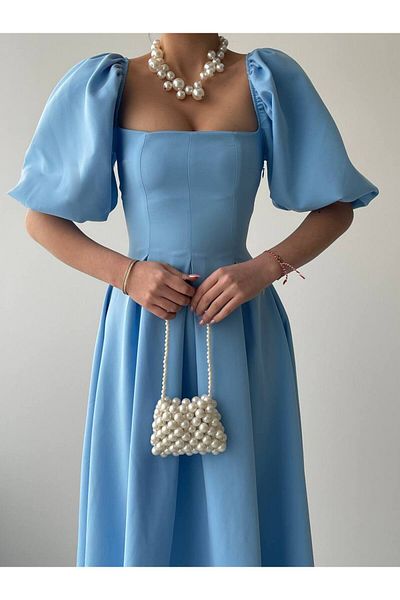 MODA DURAĞI Balloon Sleeve Square Collar Pleated Midi Dress