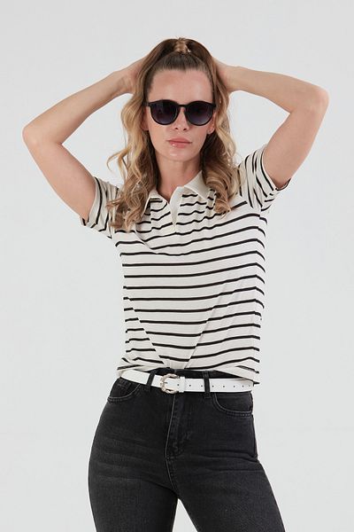 Fulla Moda Striped Polo Neck T-Shirt