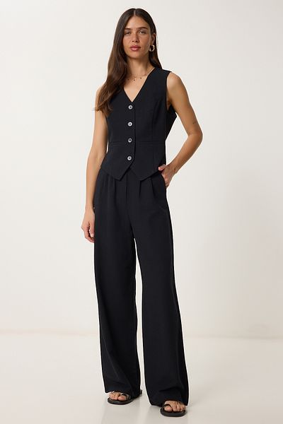 Lovelyİstanbul Linen Vest Pants Suit Black Lrv0106