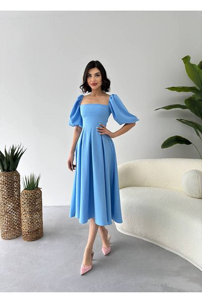 MODA DURAĞI Balloon Sleeve Square Collar Pleated Midi Dress