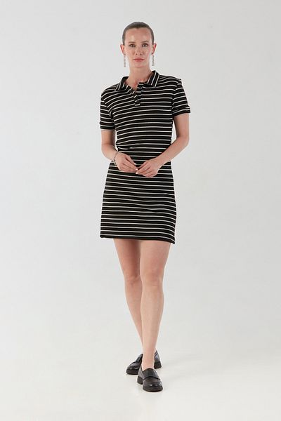 Fulla Moda Ριγέ γιακά με μισό κουμπί φόρεμα