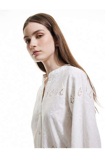 Koton Cotton Round Neck Long Balloon Sleeve Scalloped Embroidered Shirt