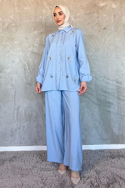 julude Light Blue Women's Bead Embroidered Hijab Shirt Pants Double Suit