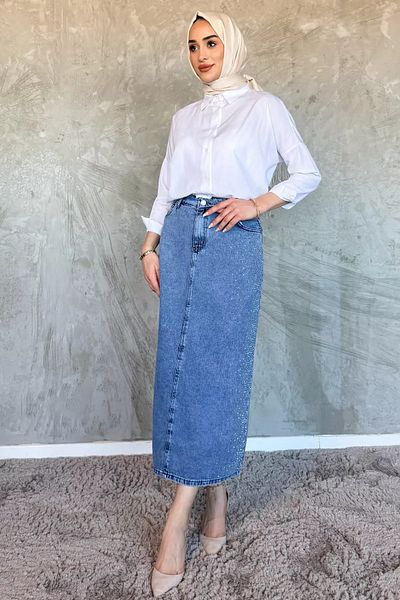 julude Fusta din denim pentru femei albastră brodata cu piatră