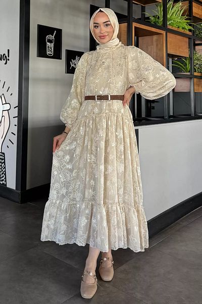 julude Εκρού Κεντημένο και Φόδρα Φόρεμα Hijab Chiffon
