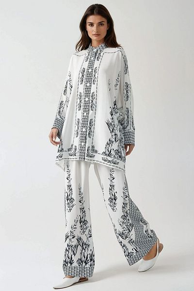 Hiccup Cămașă oversize cu model și costum dublu modest cu talie înaltă și picioare late