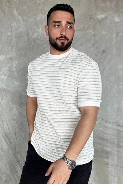 MİSHAR İTALİA Ανδρικό μπλουζάκι Creammint ριγέ Crew Neck