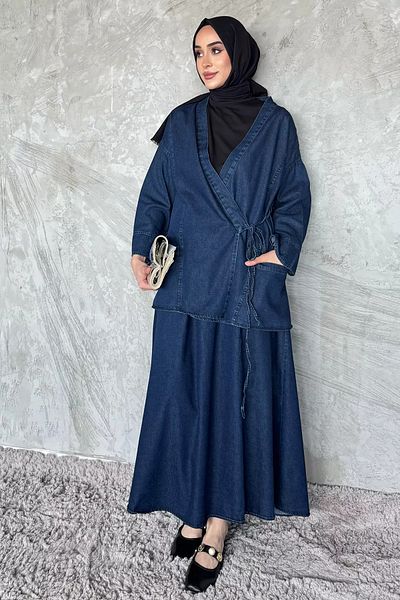 julude Μπλε Navy Side Tie Jean Denim Jacket Φούστα Hijab Διπλό Σετ
