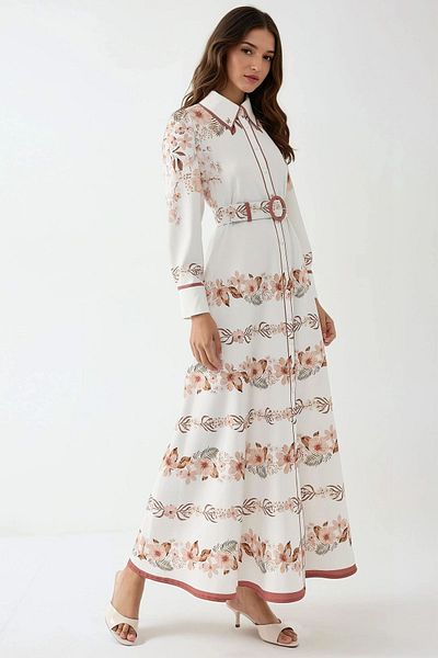 Hiccup Printed Long Sleeve Belted Modest Dress