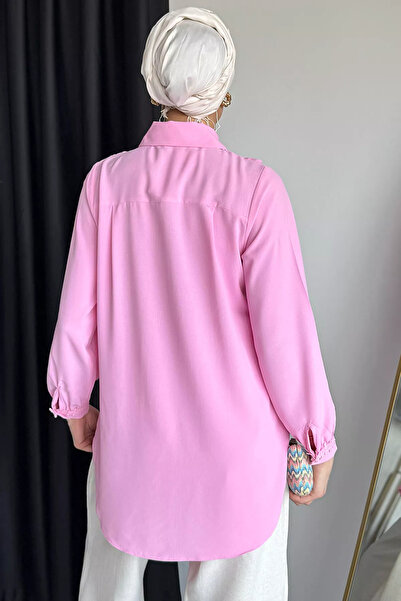 julude Pink Guipure Detailed Ruffled Hijab Shirt
