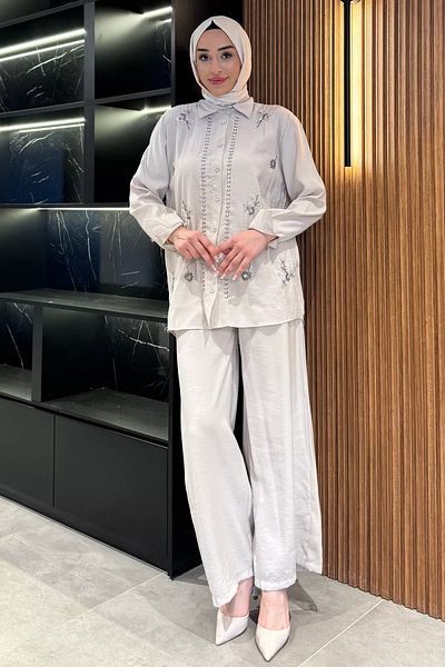 julude Stone Women's Bead Embroidered Hijab Shirt Pants Double Suit