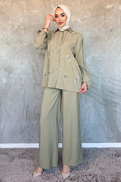 julude Khaki Women's Bead Embroidered Hijab Shirt Pants Double Suit