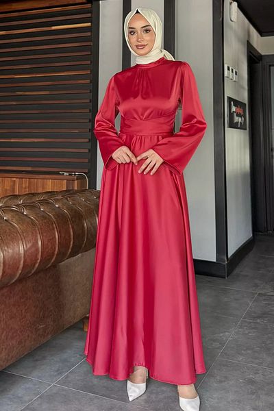 julude Red Cross Tie Hijab Satin Evening Dress