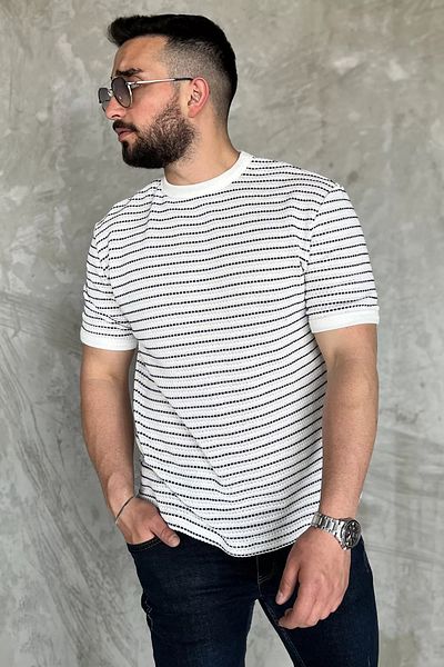 MİSHAR İTALİA Ανδρικό μπλουζάκι με ριγέ κρεμ μπλε Crew λαιμόκοψη