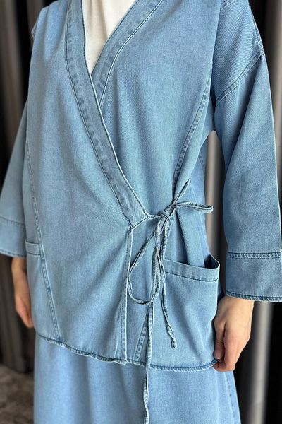 julude Μπλε πλαϊνό δεμένο Jean Denim Jacket Φούστα Hijab Διπλό Σετ