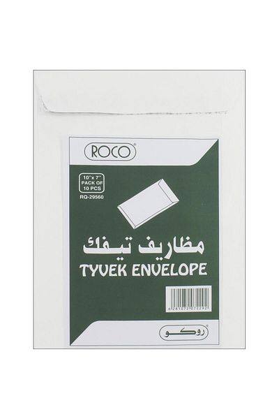 Roco مغلف تايفك المقاوم للتمزق - 7 × 10 بوصة، بولي إيثيلين عالي الكثافة (HDPE)، ذاتي اللصق، أبيض