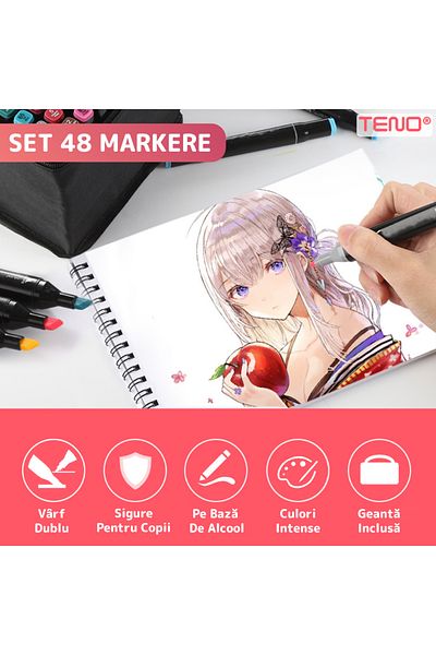 Teno Set 48 Markere Teno®, geanta de depozitare inclusa, 2 varfuri, pe baza de alcool, multicolor