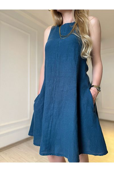 Store Zero Sleeve Pocket Linen Dress