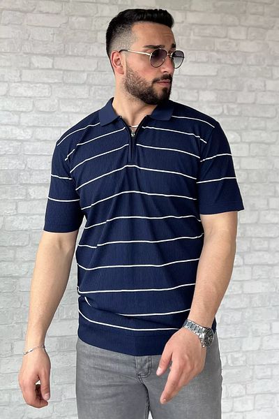 MİSHAR İTALİA Tricou tricot cu model cu jumătate de fermoar pentru bărbați, albastru bleumarin