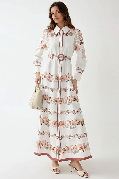 Hiccup Printed Long Sleeve Belted Modest Dress