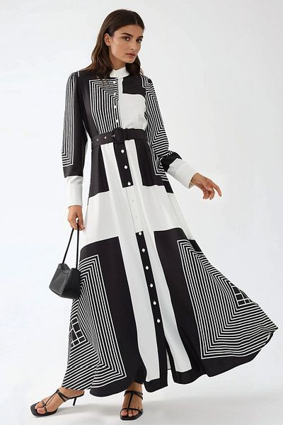 Hiccup Printed Long Sleeve Belted Modest Dress
