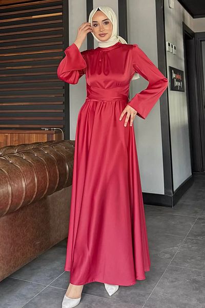 julude Red Cross Tie Hijab Satin Evening Dress