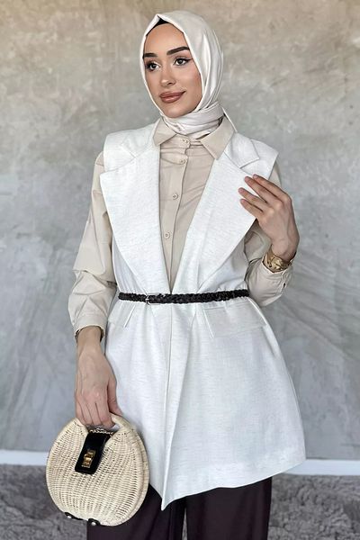 julude Cream Lined Belted Hijab Linen Vest