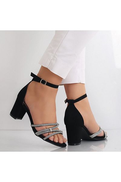 MODA STİL Sandale Dama Cu Toc Negre Din Imitatie Catifea Hadya, 35