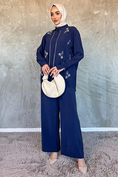 julude Navy Blue Women's Bead Embroidered Hijab Shirt Pants Double Set