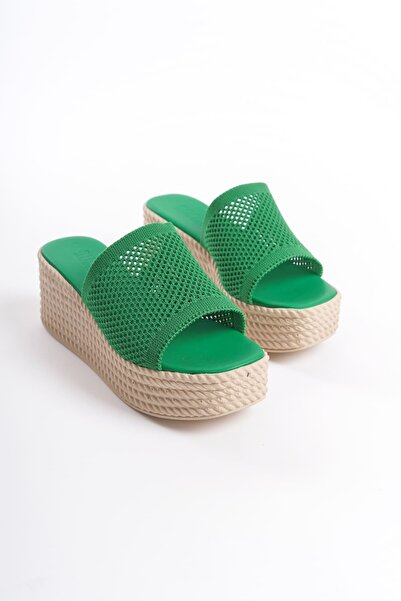 Baybonza Marla Wedge Heeled Orthopedic Sole Straw Look Knitwear Women's Slippers Tkt - Green