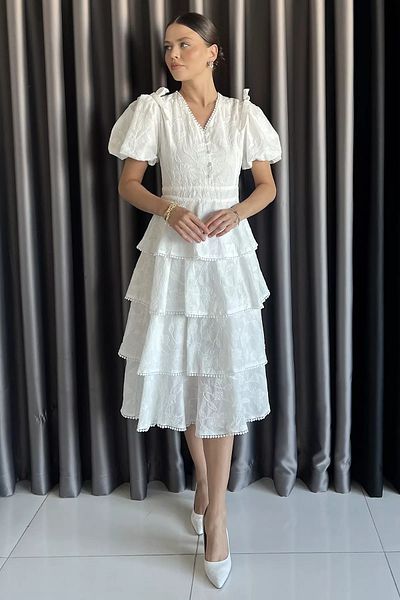 GÜLSELİ Λευκό γυναικείο φόρεμα με βολάν με λεπτομέρεια με μπαλόνι με κορδόνια