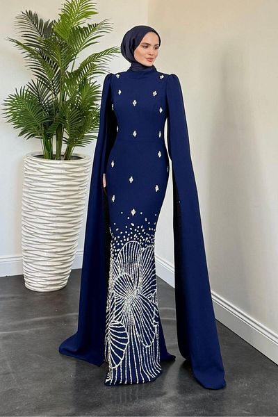MERVEN AKYÜZ Βραδινό φόρεμα Farah Sleeves Cape Indigo
