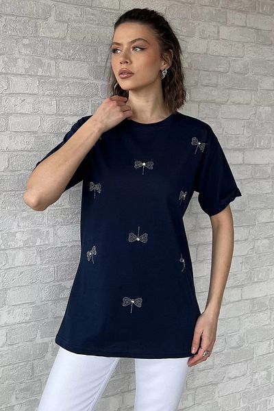 GÜLSELİ Tricou de damă cu decolteu cu fundă albastru