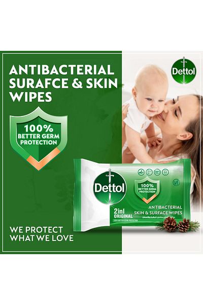 Dettol Original 2 In 1 Antibacterial Skin And Surface Wipes Kills 99.9% Germs, Gentle & Multi-purpose