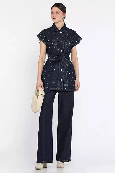 GÜLSELİ Dark Blue Staple Detailed Belted Women's Vest Trousers Women's Jean Jeans Two-Piece Set