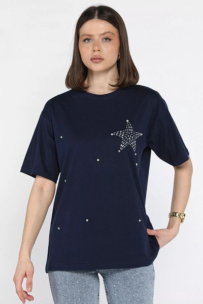 GÜLSELİ Tricou de damă cu decolteu cu stea bleumarin Stone