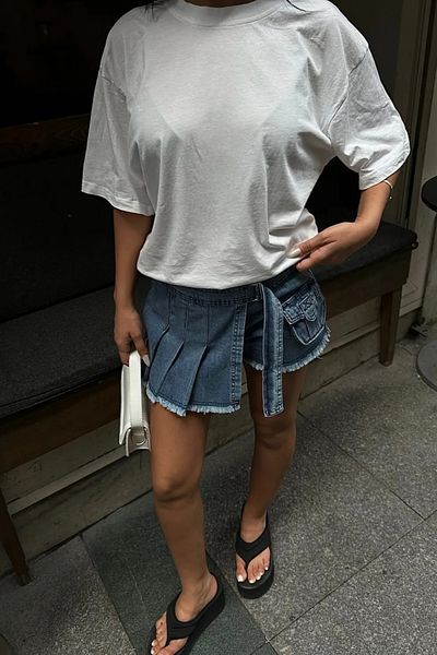 Stil Sepeti Fusta scurtă de denim pentru femei, albastru închis, cu buzunare cargo, cu ciucuri, cu capac ELY-1000789310