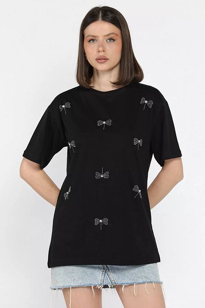 GÜLSELİ Tricou de damă cu decolteu cu fundă neagră Stone