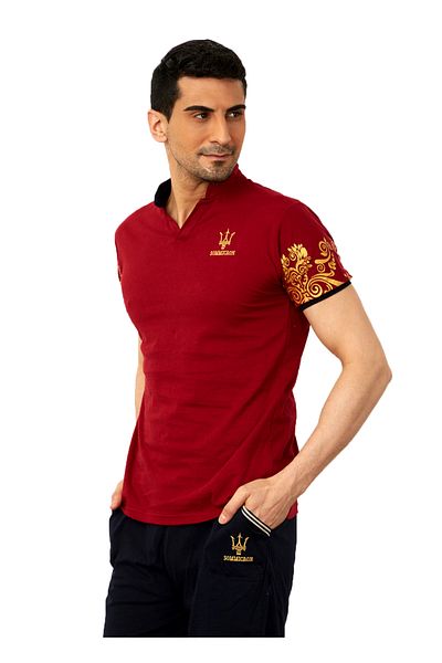 ixir Embroidery and Chest Crest T-Shirt Shorts Capri Set Burgundy