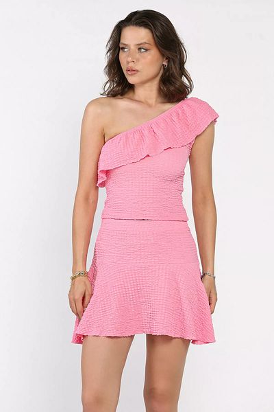 GÜLSELİ Pink Women's One Shoulder Self Patterned Ruffle Blouse Skirt Double Set