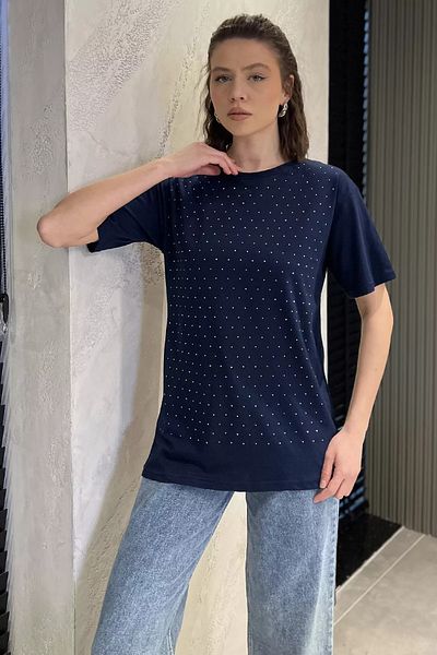 GÜLSELİ Tricou de damă bleumarin cu decolteu rotund în față Stone