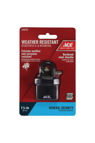 ACE Extreme Weather and Corrosion Resistant Hardened Steel Shackle Single Locking Padlock Black 1.5inch