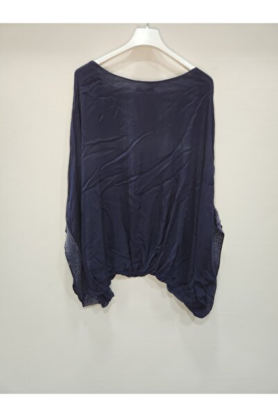 della moor Women's Navy Blue Italian Bat Sleeve Silk Blouse with Sequin Detail